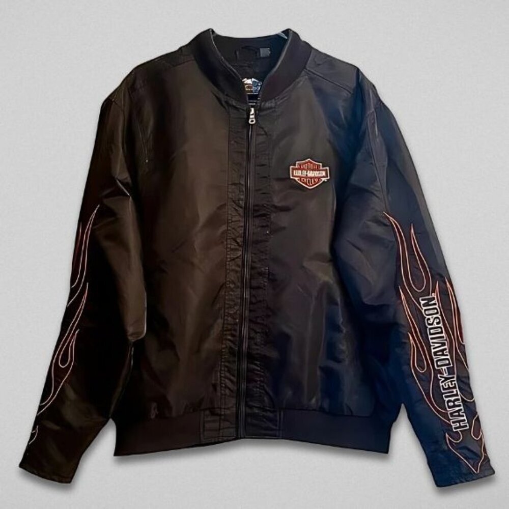 Vintage Harley-Davidson Bomber Jacket Embroidered Flames Graphics Nylon Black XL